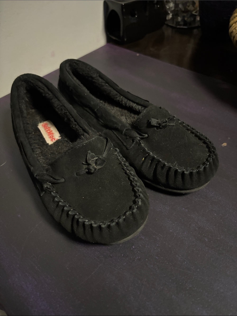Black Suede Moccasin Slippers with Faux Fur Lining